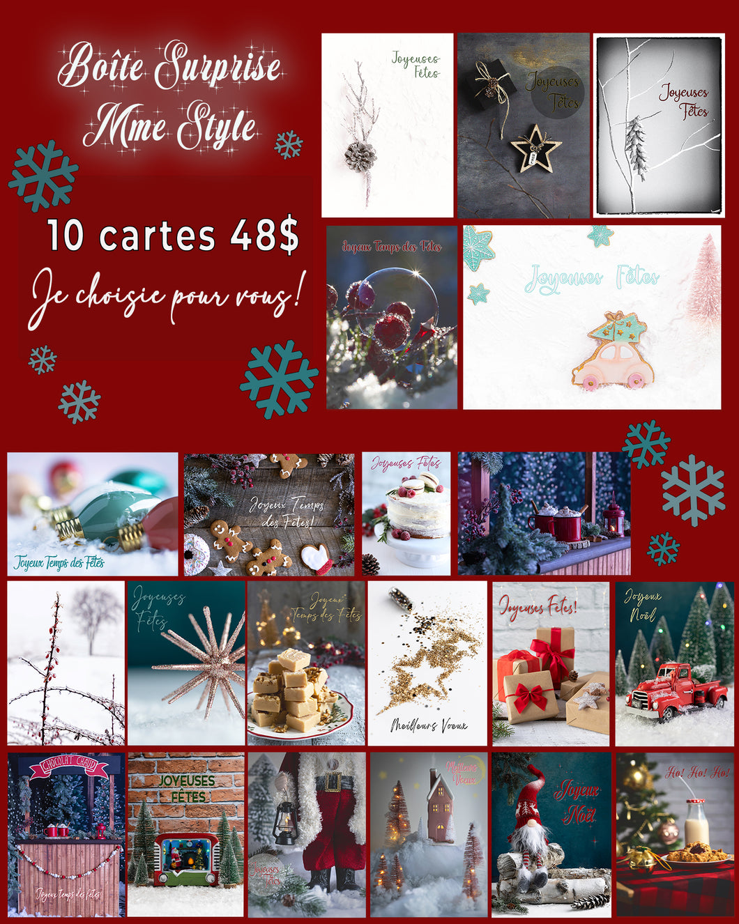 Boîte Surprise Mme Style - 10 cartes de souhaits PAPIER de Noël MJ - 5''x7''